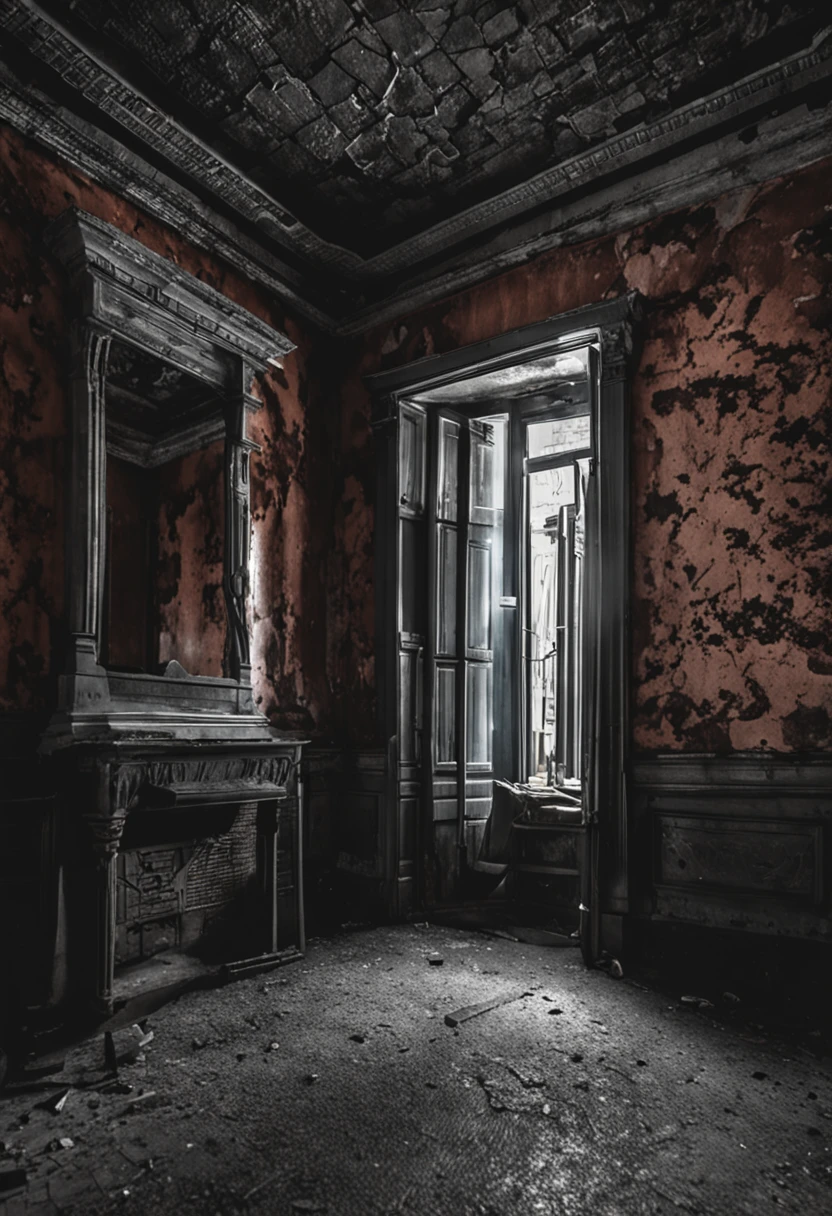 Conjure the dark and enigmatic atmosphere of a decrepit mansion, onde um espelho macabro reside no interior. O espelho, em si, it's a black surface like midnight, mas quando olhado atentamente, revela imagens inquietantes de passados sombrios e futuros incertos. The room is dipped in gloom, with flickering candles casting dancing shadows across the walls covered in worn wallpaper. O espelho exala uma aura sinistra, parecendo absorver a luz ao seu redor. Create a sense of discomfort and curiosity, fazendo com que quem observa a imagem sinta que o espelho guarda segredos profundos e perturbadores, desafiando-os a encarar o que ele pode revelar