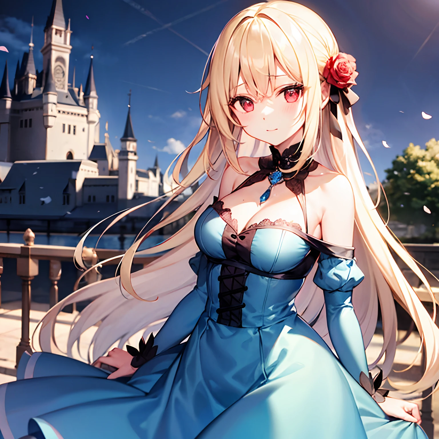 a blond、red eyes、Beautiful girl alone、Blue fluffy dress、off shoulders、Western-style castle、roses