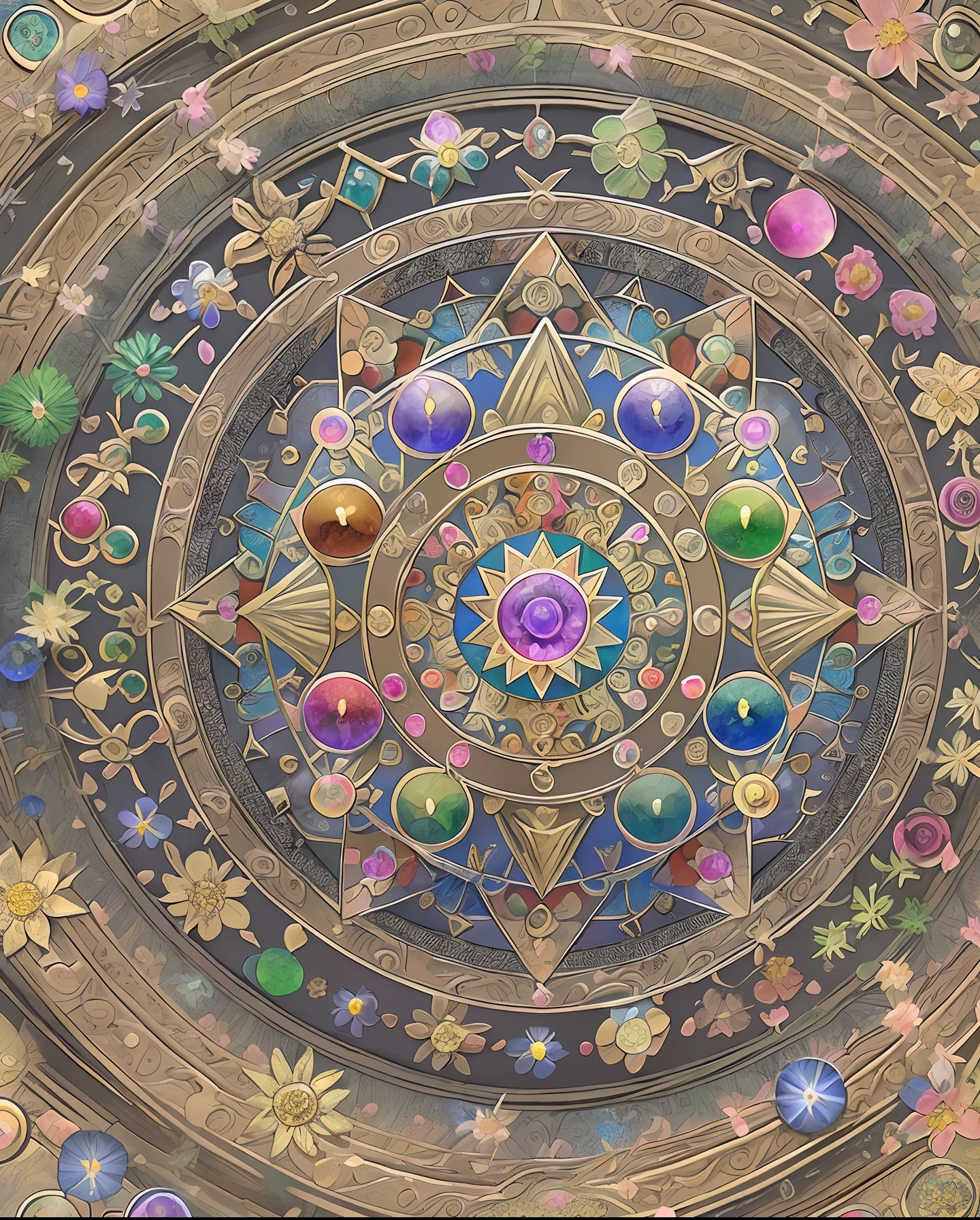 Array Special Effects Geometric and astrological central circular configuration reproduced with flowers、Symmetrical and colorful、Recreate an ancient and beautiful Buddhist mandala with gemstones、Print real gemstones、Japan aesthetic masterpieces、top-quality、(the Extremely Detailed CG Unity 8K Wallpapers)、Jewel Mandala、