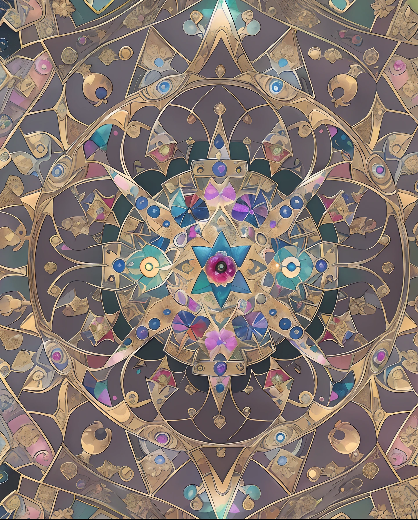 Array Special Effects Geometric and astrological central circular configuration reproduced with flowers、Symmetrical and colorful、Recreate an ancient and beautiful Buddhist mandala with gemstones、Print real gemstones、Japan aesthetic masterpieces、top-quality、(the Extremely Detailed CG Unity 8K Wallpapers)、Jewel Mandala、