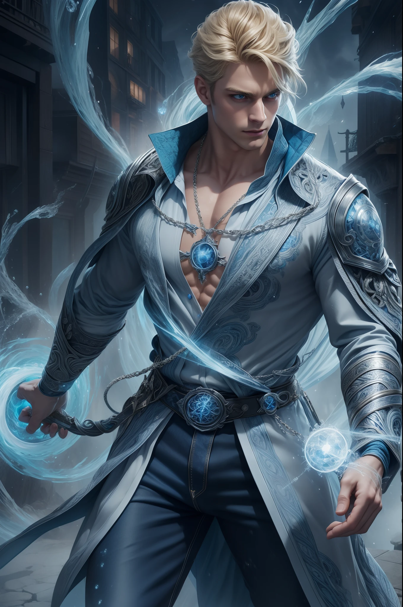 Handsome guy, 25 years old, Asian, master work, best picture quality, higher quality, high detail, super high resolution, (realistic: 1.4) 8k resolution, delicate facial features, boys, big muscles, tattoos, glowing eyes, short hair, white hair, hair details, (full body: 0.6), detailed background , [[Look away, look to the side, emphasize homosexuality and pay attention to every detail , open Hanfu transparent tulle jacket, white rubber pants, circling dragon, Chinese courtyard background (crotch bulge), thunder, ((((Blue Thunder))))) Blue Thunderbolt, Fa Gong, Wind and Thunder Technique, Chinese Kung Fu, Fingerless Gloves, Wristband, Dragon Theme Costume, Monk Robe, Rotating Floating Particles, Dynamic Composition, Heavy Rain Background, Very Many Thunder and Lightning Flashing, Black Background at Night