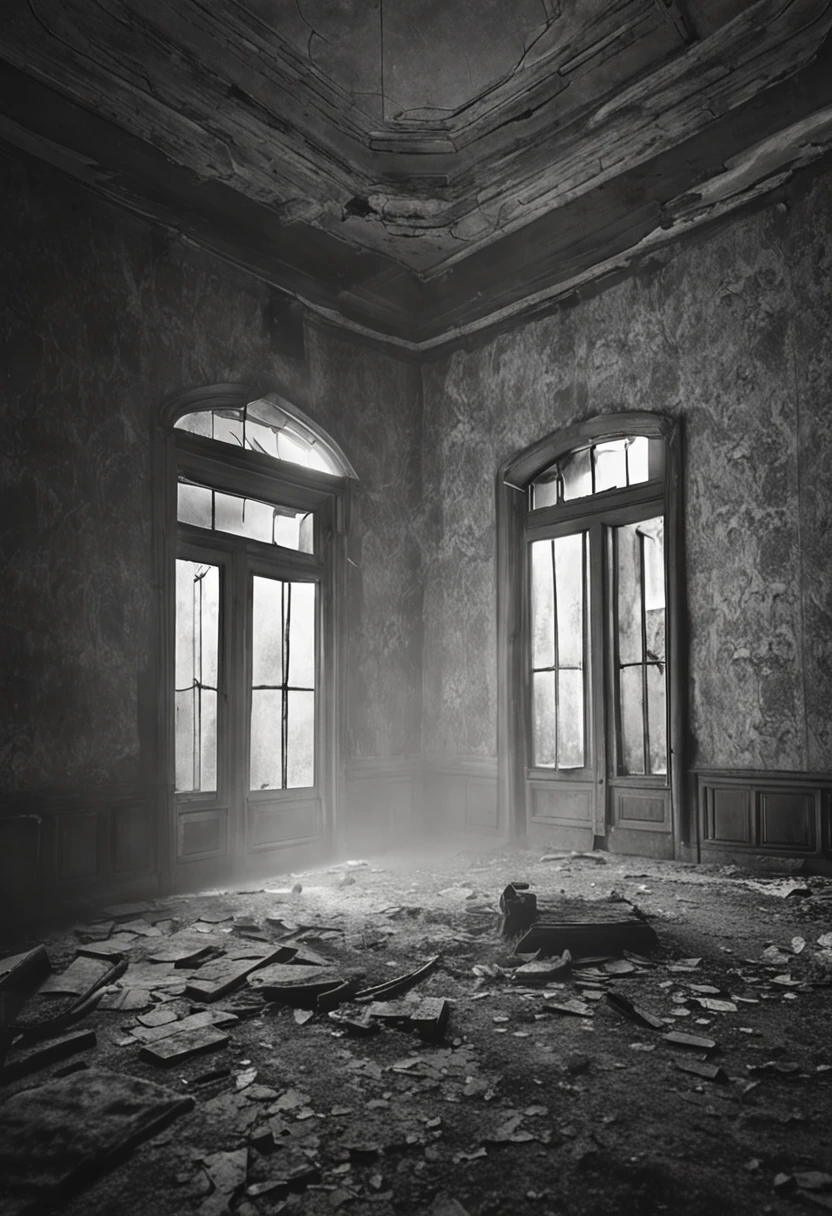 Conjure the gloomy and enigmatic atmosphere of a decrepit mansion in a 1920x1080 aspect ratio image. Nesta cena envolvente, um espelho macabro reside no interior, revealing unsettling images of dark pasts and uncertain futures on its midnight-black surface. A sala, mergulhada em penumbra, it is lit by flickering candles that cast dancing shadows over the walls covered in worn wallpaper. O espelho, posicionado como um portal para o desconhecido, exala uma aura sinistra, seeming to absorb the light around them and reflect what cannot be seen with the naked eye. Create a sense of discomfort and curiosity, fazendo com que quem observa a imagem sinta que o espelho guarda segredos profundos e perturbadores, desafiando-os a encarar o que ele pode revelar