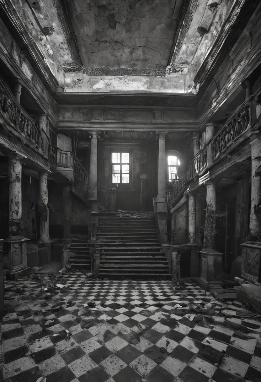 Conjure the gloomy and enigmatic atmosphere of a decrepit mansion in a 1920x1080 aspect ratio image. Nesta cena envolvente, um espelho macabro reside no interior, revealing unsettling images of dark pasts and uncertain futures on its midnight-black surface. A sala, mergulhada em penumbra, it is lit by flickering candles that cast dancing shadows over the walls covered in worn wallpaper. O espelho, posicionado como um portal para o desconhecido, exala uma aura sinistra, seeming to absorb the light around them and reflect what cannot be seen with the naked eye. Create a sense of discomfort and curiosity, fazendo com que quem observa a imagem sinta que o espelho guarda segredos profundos e perturbadores, desafiando-os a encarar o que ele pode revelar