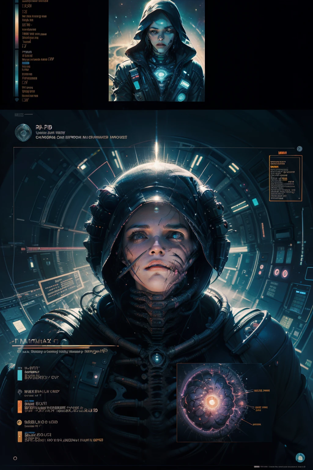 Fantasy (Technical Diagram), Info graphic, Chart of A Cosmic (Anatomical) Beautiful Alien Cyberpunk Android Dune Fremen head, dynamic pose, Info Graphic, Scientific, (Data Diagram), Nervous System, Galaxy, Radioactive Colors, Midnight Aura, Ultra Detailed, (((H.R. Giger))), Max Ernst, Thomas Kinkade, Robert Gonsalves, Dark Galaxy Background.