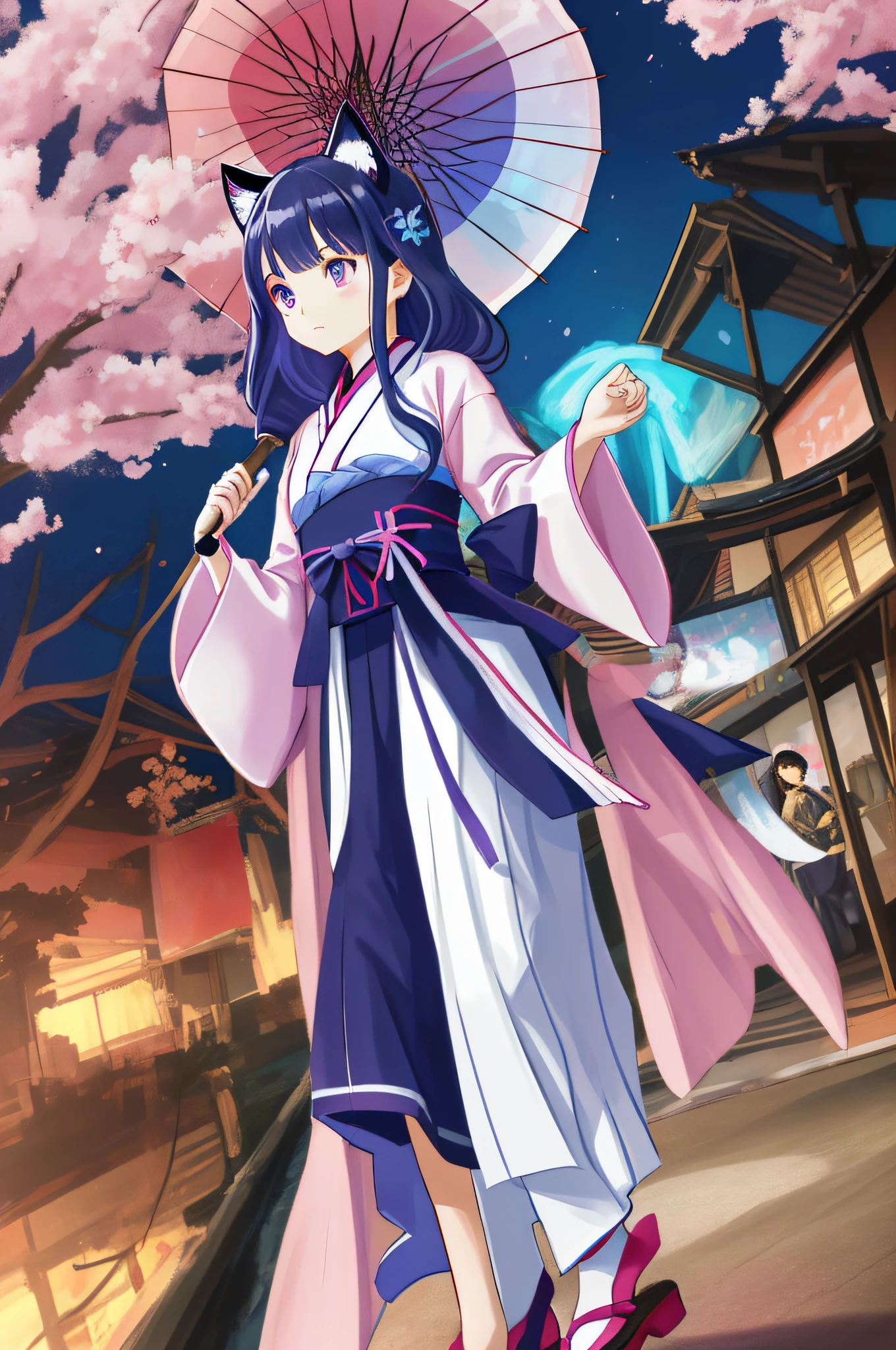 SakuraNS，raiden，teens girl，in pink，cat ear，holding a umbrella，Spring nights，fire works，Hanfu，ancient wind
