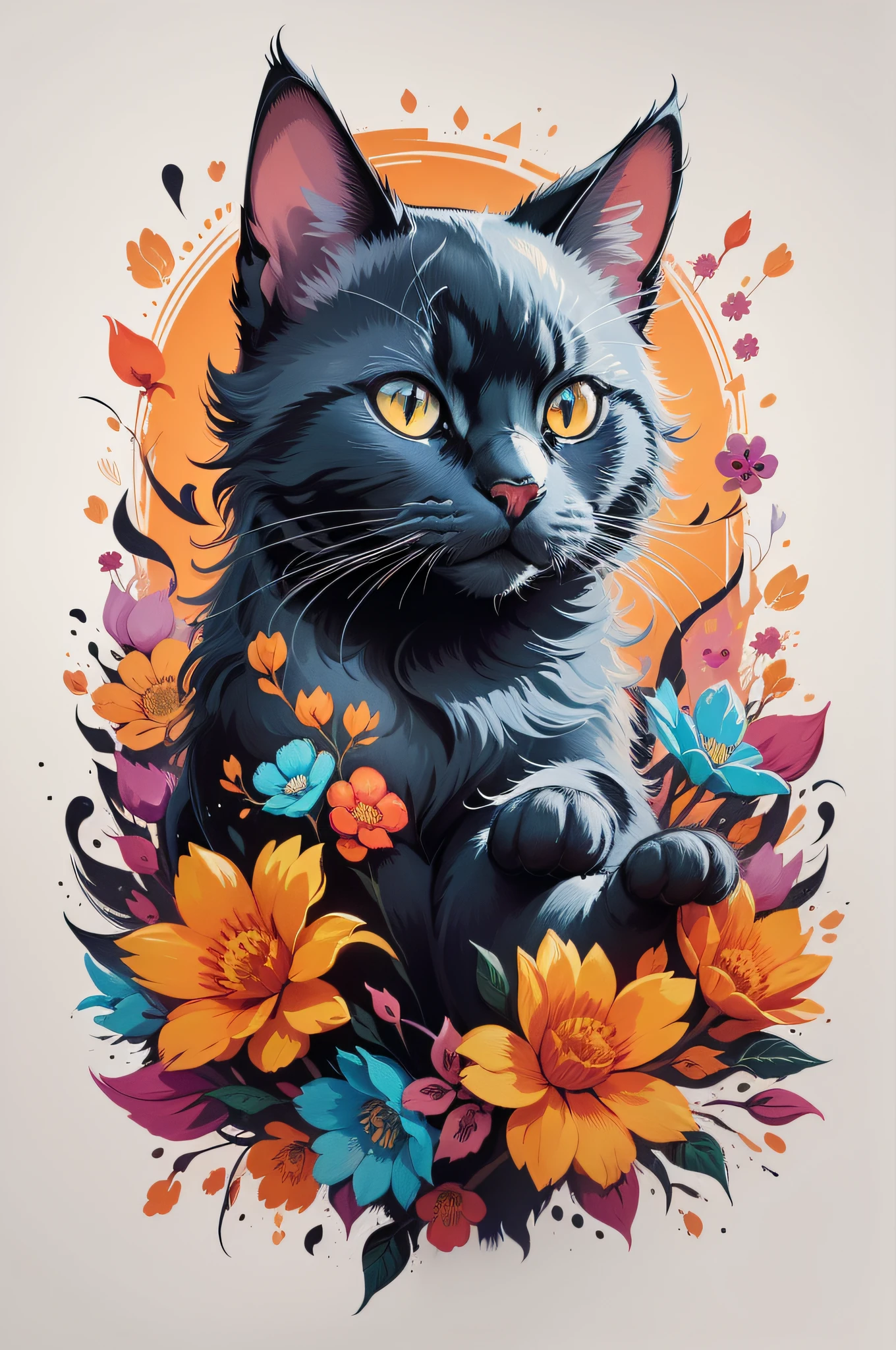 vector t-shirt art ready for colorful flowers of cute black cat, frontal perspective, action shot, vibrant color, high detail, white background, logo design, neo traditional tattoo style, 2D, planar vector, character design, fantasy art, watercolor effect, digital painting, 8K, sticker