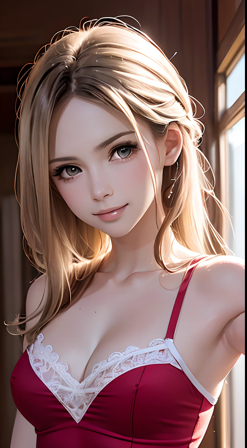 ((of the highest quality, 8K, masutepiece: 1.3)), Sharp Focus: 1.2, Perfect body shape, (Pretty Woman: 1.4), slender, Small breasts, (Strong sunlight in the morning: 1.2), Highly detailed face and skin texture, long lashes, Smile, shiny white blonde, Transparent camisole