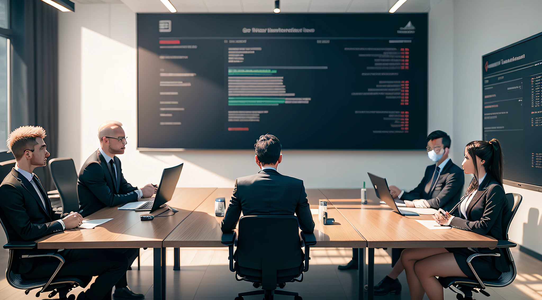 The image depicts a modern and elegant meeting room, lit by natural light coming in through the large windows. The room is decorated with sophisticated elements such as a dark wood conference table and leather chairs. In the center of the table is a large screen displaying financial charts and numbers related to the company's market value.
However, the focus of the image is on the expressions of the executives participating in the meeting. They are sitting around the table, dressed in formal attire, and their expressions range from thoughtful to serious. Some are looking at the numbers on the screen, while others are talking to each other with serious expressions.
On the wall behind the executives is a large painting that depicts a larger scene. The scene depicts a high-tech production line where employees are working side by side to create innovative products. The attention to detail is remarkable, with every component being assembled with precision.
Adjacent to the production line is an employee breakout area with a ping-pong table, a small garden and a mural celebrating company milestones. Some employees are engaging in leisure activities while others are engaging in creative discussions.
The central idea of the image is to show the contrast between the broader view of the company, represented by the production scene and employee interactions, and the financial numbers displayed in the boardroom. This approach envisions the idea that market value transcends numbers, embodying the people, culture, innovation and dedication that contribute to a company's success. The photorealistic image highlights both the tangible and intangible aspects that shape the perception of value.