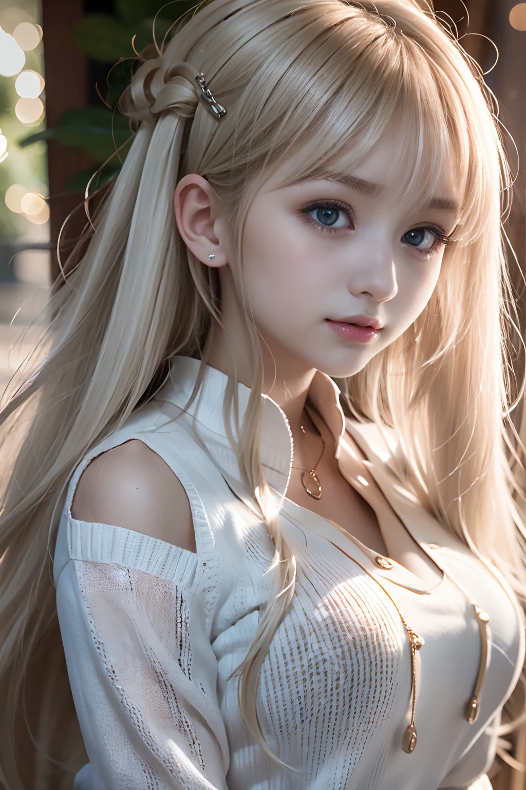 bright expression、poneyTail、Young shiny shiny white shiny skin、Best Looks、Blonde reflected light、Platinum blonde hair with dazzling highlights、shiny light hair,、Super long silky straight hair、Beautiful bangs that shine、Glowing crystal clear attractive big blue eyes、Very beautiful nice cute girl、Lush bust,Beautiful detailed eyes, beautiful detailed nose,(( Full body:1.25)),Makeup that the eyes emphasize、((Mini pleated skirt with many folds)),(Women like Joan of Arc)、(((Big wooden cane))),Royal style,Comic style, , Sub-surface scattering, ornate detail, nature backdrop, Hyper-realistic, Cinematic, Dramatic Lighting, masutepiece、fluffy hair、Shoulder knit sweater、Ultra-exposed cleavage、((uses magic:1.3))