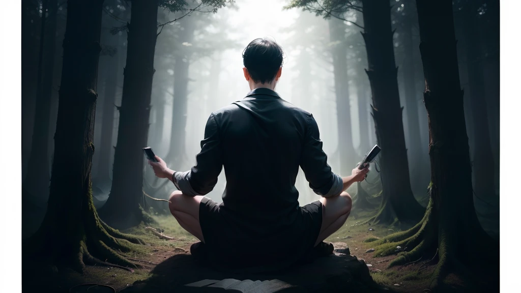 (Masterpiece)"black and white images，Man meditating in the forest，Used as illustration for fantasy role-playing games. The character should be depicted in full body on a white background, The monochrome style should highlight the presence of the character，Highlight the interplay of light and shadow, Add a touch of intrigue to the overall composition", "Best quality, Masterpiece, 超高分辨率, (photograph realistic:1.4), surrealism, Dream-like,fusionart,,"