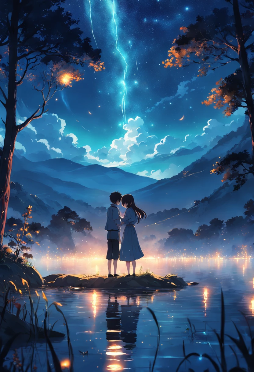 Lake at night with many fireflies、Young man and woman hugging each other、fantastic landscape,Cinematic atmosphere,
