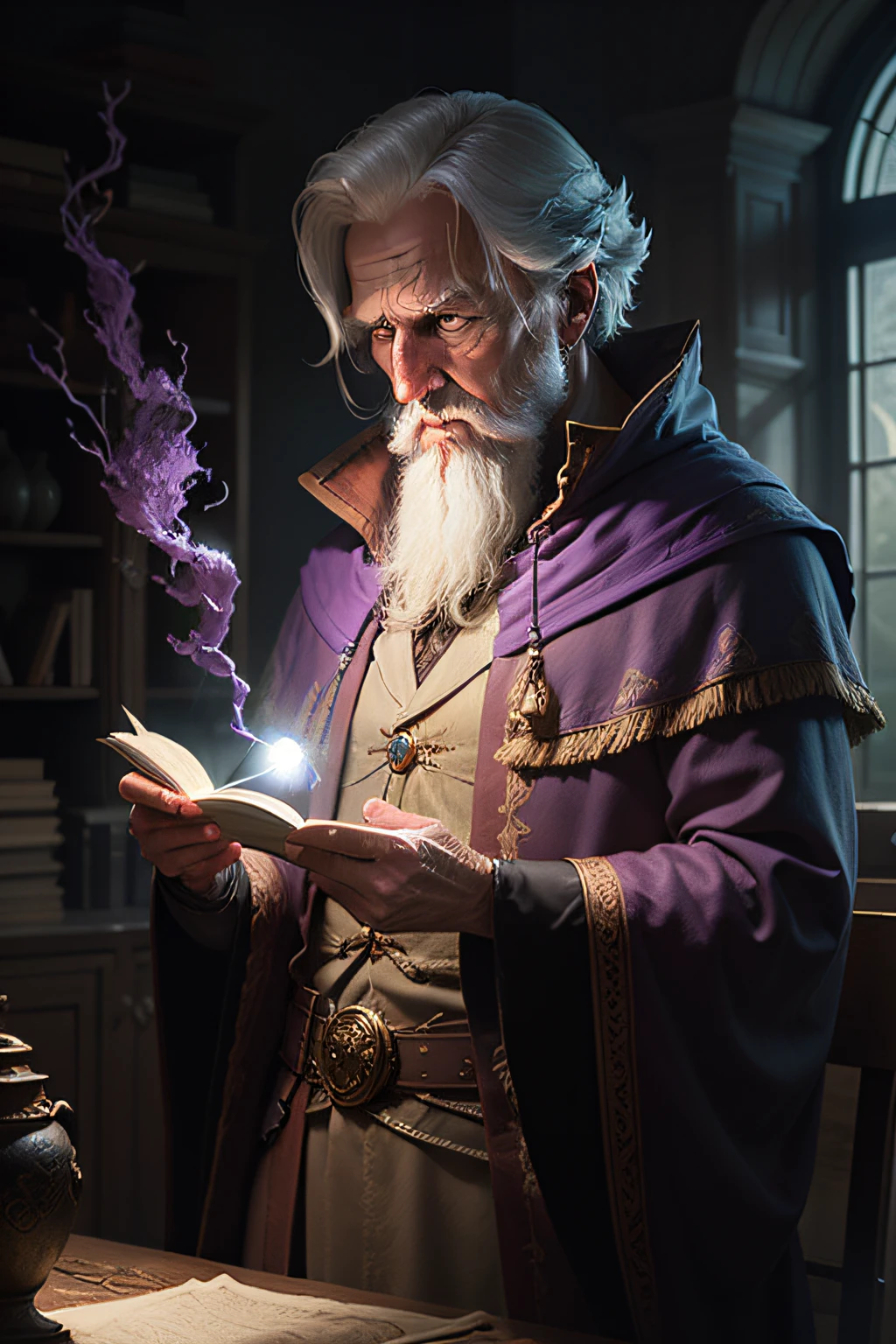 an old wizard doing spells, emphasis on its action, texturas ultra detalhadas, layers of textures faithful to reality, profesional lighting, detalhamento realista com tons de roxo e lilas