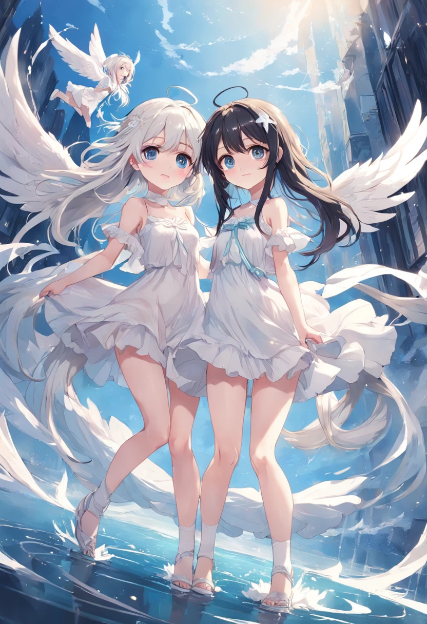 Two-dimensional、girl with、girl with、fair white skin、A dark-haired、hair between eye、length hair、Scattered、Hair blown away by the wind、((verd s eyes))、deep eye、Watery Big Eyes、a smile、gentle、Sister Fans、younger sister、White angel wings、Angel's Halo、angelicales、White angel wing skirt、white stockings、White Chain High Heels、Premium lighting、Exquisite images、exquisite eyes、Best Shadows、 The highest image quality, best light, lush detail, atmosphere, hight resolution, masterpiece, chies, Sacred, doa, (Leg retention), tilt of the head, lush detail, finely detailed background, ((FULL BODYSHOT)), Face Optimizer, iOptimizer
information