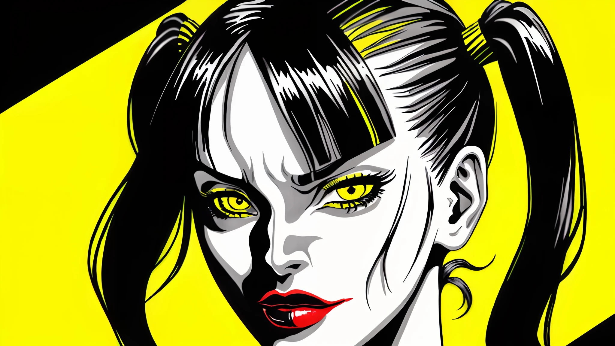 halftone shading, Uma Thurman image of "Kill Bill", like a comic character, 1960's, (black, twin pigtail hair), pretty face, (yellow and black top, horizontal stripes:1.2), insane detail, 3:1 comic book layout, ((yelloow eyes)), ((red lips))
