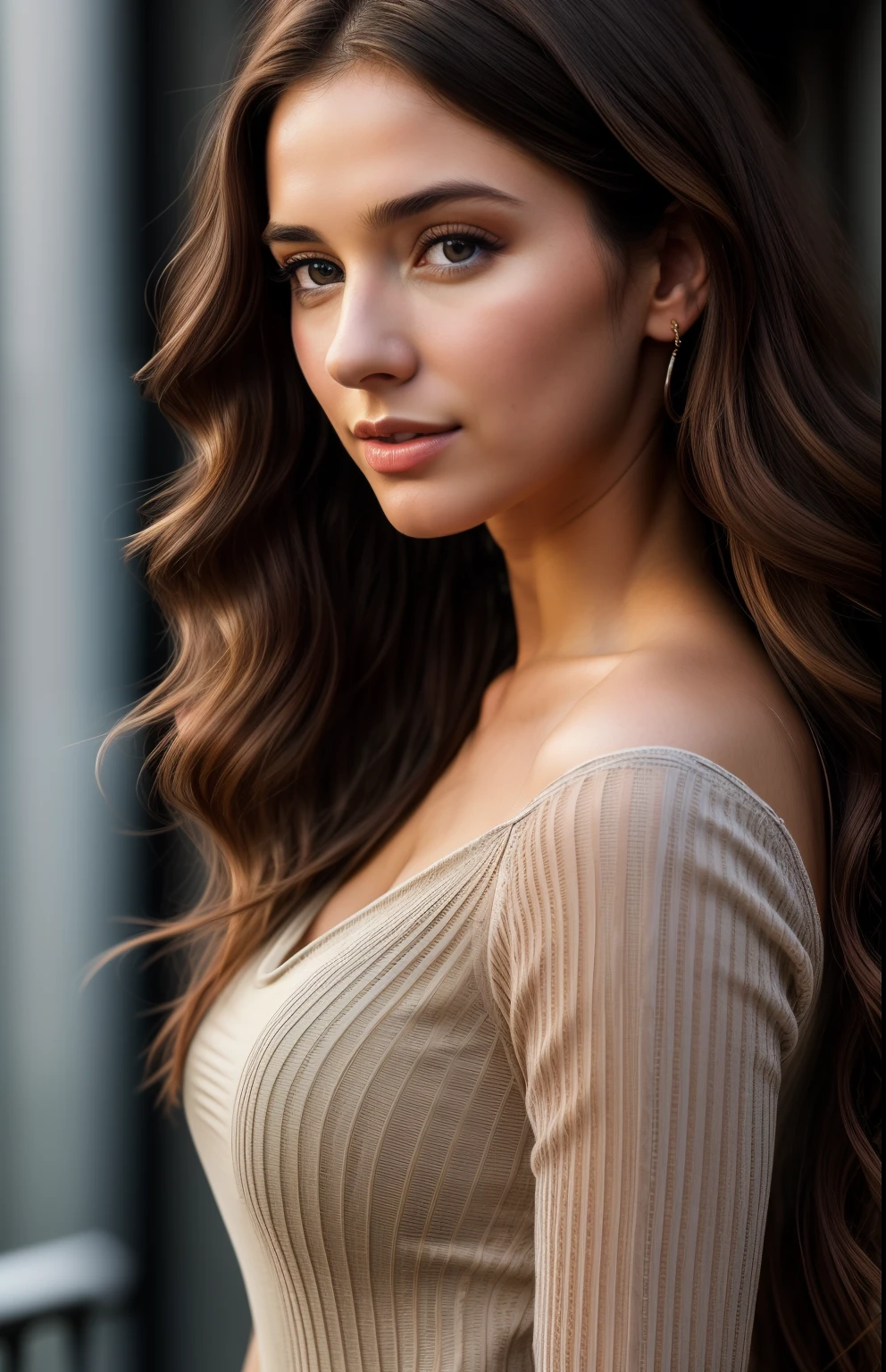 photo of a 25-year-old European girl, RAW, beautiful woman, (extra long wavy brown hair), ((portrait)), ((detailed face: 1.2)), ((detailed facial features)), (finely detailed skin), pale skin, transparent clothing, bodycon hasmat bodycon of highly detailed deep neckline, megacity environment, (cool colors), damp, damp, reflections, (masterpiece) (perfect proportion)(realistic photo)(best quality) (detailed) photographed on a Canon EOS R5, 50mm lens, F/2.8, HDR, (8k) (wallpaper) (cinematic lighting) (dramatic lighting) (sharp focus) (intricate)
