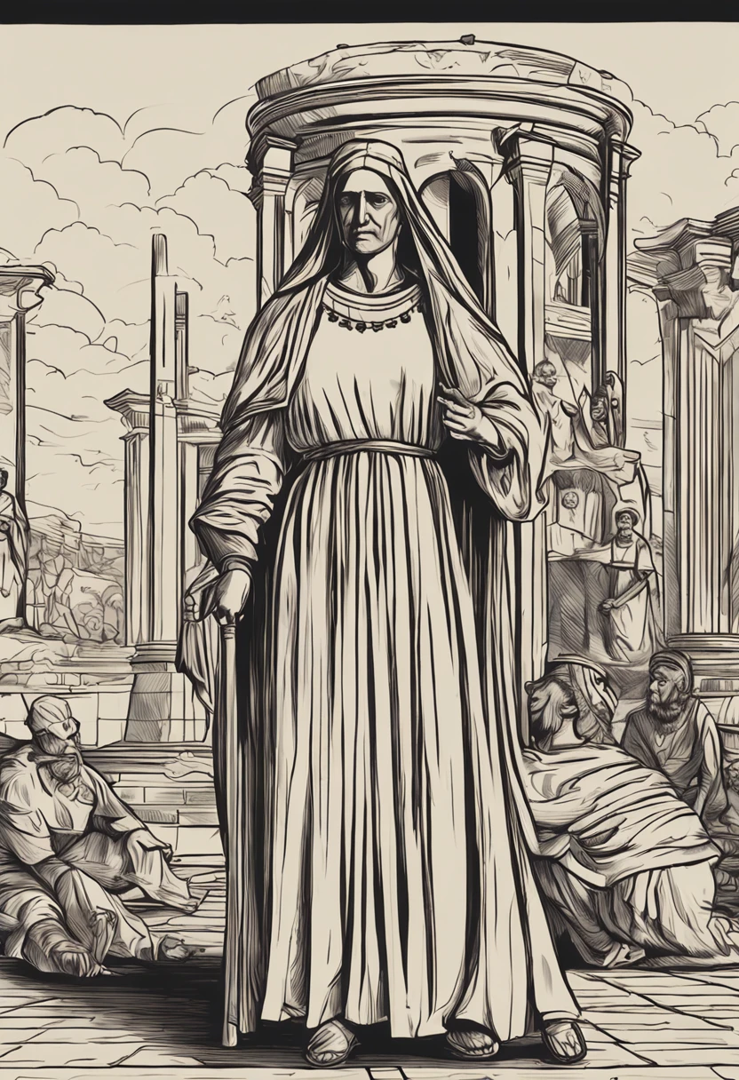 The central figure of the image is a woman dressed in a tunic that refers to antiquity, evoking the biblical context of Judges 19. A vestimenta deve ser desgastada e modesta, alluding to the time and the biblical narrative. She holds a part of the tunic firmly, symbolizing the fight against domestic violence she faces.

A mulher olha diretamente para o espectador, your eyes conveying a mixture of pain and determination. Seu rosto iluminado por uma luz suave contrasta com um fundo mais sombrio, emphasizing the courage to face difficult situations.

Ao redor dela, there are shadows and chains, representing the violence and imprisonment she suffers. No entanto, the shadows begin to dissipate as they approach the edges of the image, symbolizing your journey toward liberation.Como toque final, Add a subtle element of the time, as an old household object, como uma jarra de barro, positioned next to the woman. This will strengthen the connection to biblical history and historical context.