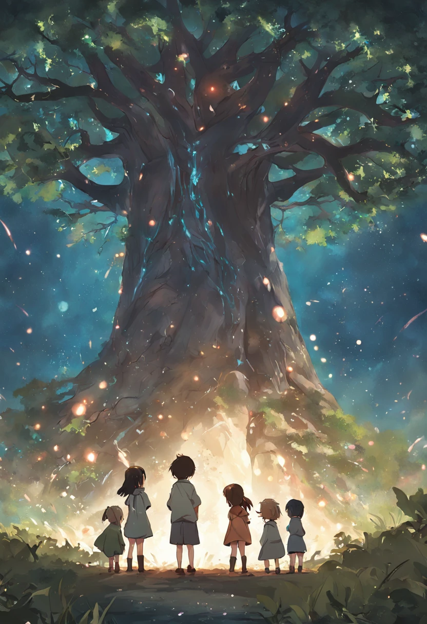 four children in front of a baobab tree, in front of the tree there is a magical recycle bin,