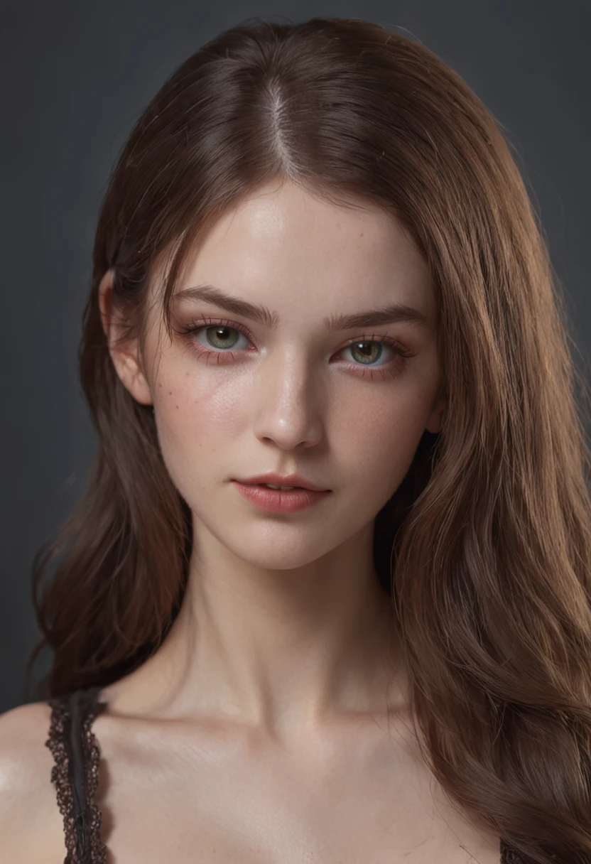 Full face portrait photo of a 21-year-old German girl, RAW, beautiful woman, semi-open strawberry lips, dimples, wistful look, green eyes, large pupils, large eyelashes, (extra long wavy brown hair), ((detailed face)), ((detailed facial features)), (finely detailed skin), pale skin, (detailed deep neckline high-tech cyberpunk dress), cyberpunk cyberpunk megacity environment, (cool colors), damp, damp, reflections, (masterpiece) (perfect aspect ratio) (realistic photo) (best quality) (detailed) shot on a Canon EOS R5, 50mm lens, F/2.8, HDR, (8k) (wallpaper) (cinematic lighting) (dramatic lighting) (sharp focus) (intricate)