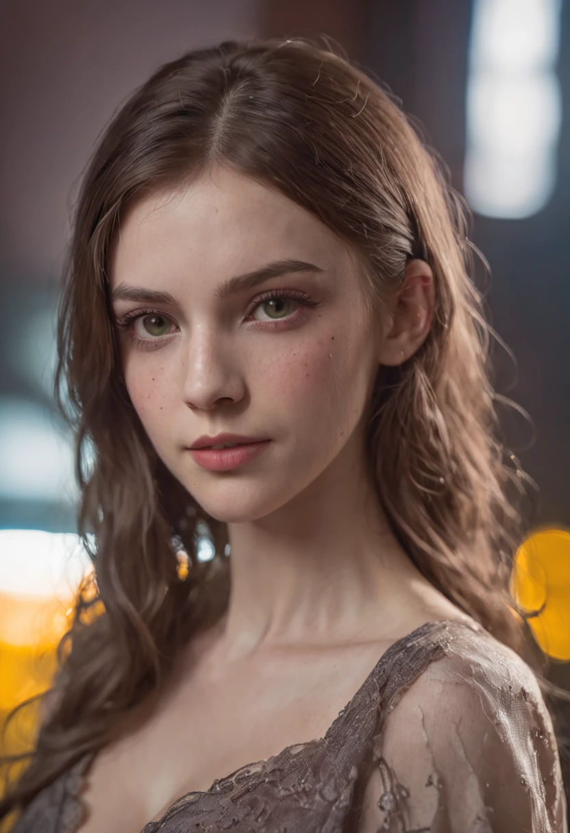 Full face portrait photo of a 21-year-old German girl, RAW, beautiful woman, semi-open strawberry lips, dimples, wistful look, green eyes, large pupils, large eyelashes, (extra long wavy brown hair), ((detailed face)), ((detailed facial features)), (finely detailed skin), pale skin, (detailed deep neckline high-tech cyberpunk dress), cyberpunk cyberpunk megacity environment,  (cool colors), damp, damp, reflections, (masterpiece) (perfect aspect ratio) (realistic photo) (best quality) (detailed) shot on a Canon EOS R5, 50mm lens, F/2.8, HDR, (8k) (wallpaper) (cinematic lighting) (dramatic lighting) (sharp focus) (intricate)