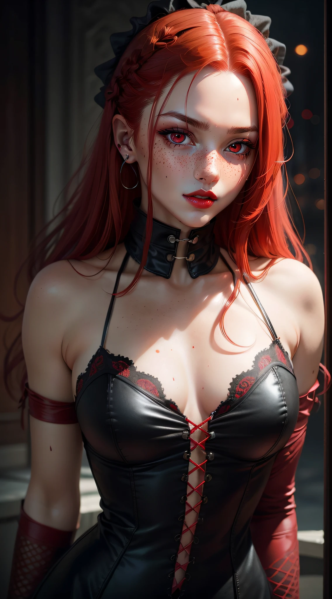 scarlet red eyes, freckles, red lips