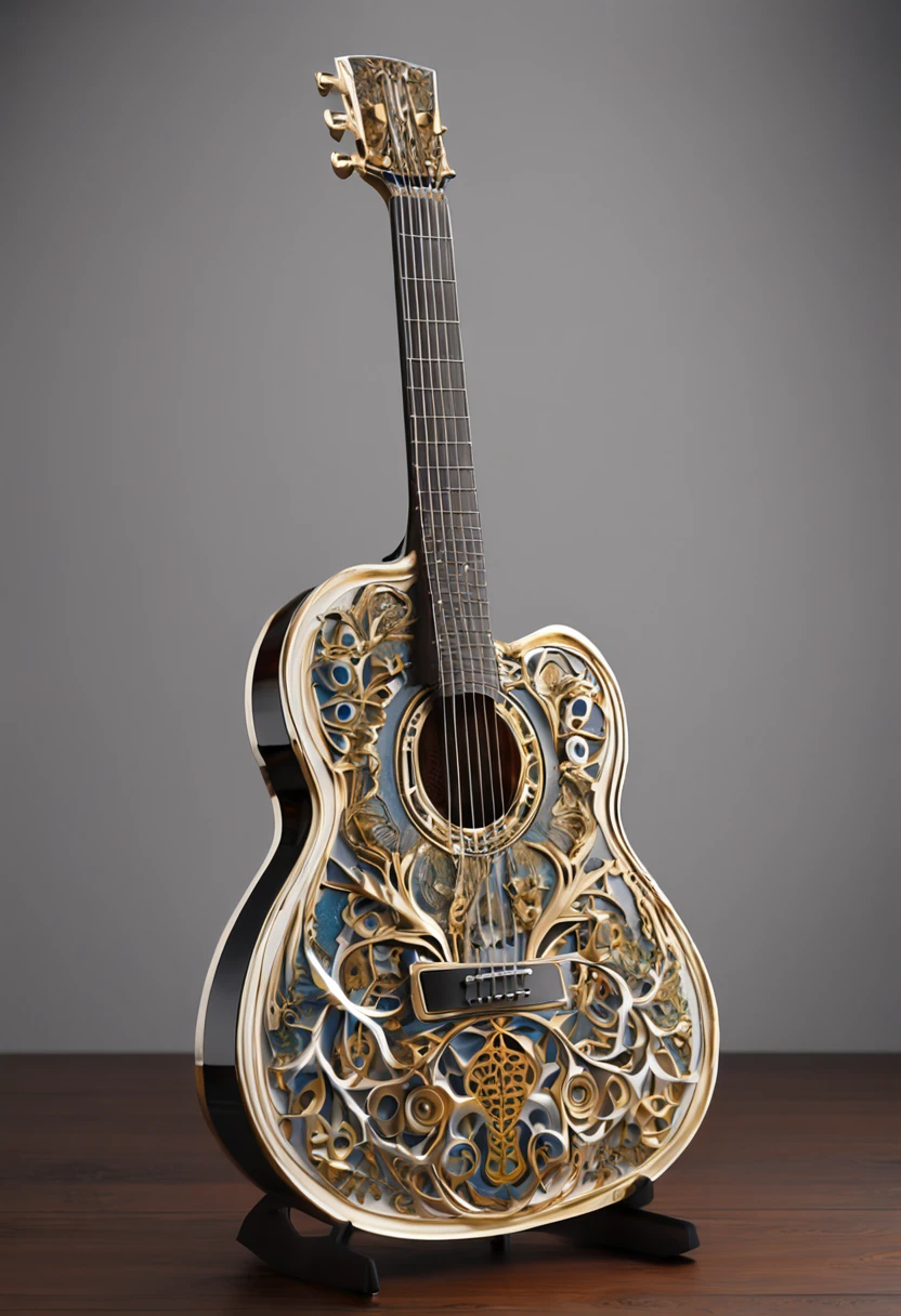 Intricate 3d rendering ultra-detailed beautiful angel of death, biomechanical lassical Guitar -Best Quality)) - High carbon steel core - - Aztec -bleu and white color - Stunning Look - - cinematic dark atmosphere in the environment- .Classical guitar, matte nitro paint,Acoustic Strings ,golden headstock ,golden tuning pegs ,golden sound hole,green color snack Classical guitar headstock ,red dragon Classical guitar neck ,, simulated 150mm lens, beautiful natural soft edge light, neon veins, roots, delicate leaf lace, colorful details, Boris Bidjan Saberi costume, pearl earrings, piercings, art nouveau fashion embroidery, intricate details, mesh lines, Mandelbrot fractals, facial muscles, cables, microchips, villains, surreal, ultra-detailed, octane, volumetric lighting, 8k and post-production, red The white has a little bit of black, Metal Skeleton Details, Half-Human, Iridescent, Glenn Brown Style, Futuristic Room, Power of God, High Angle Shot, Complex Body Poses