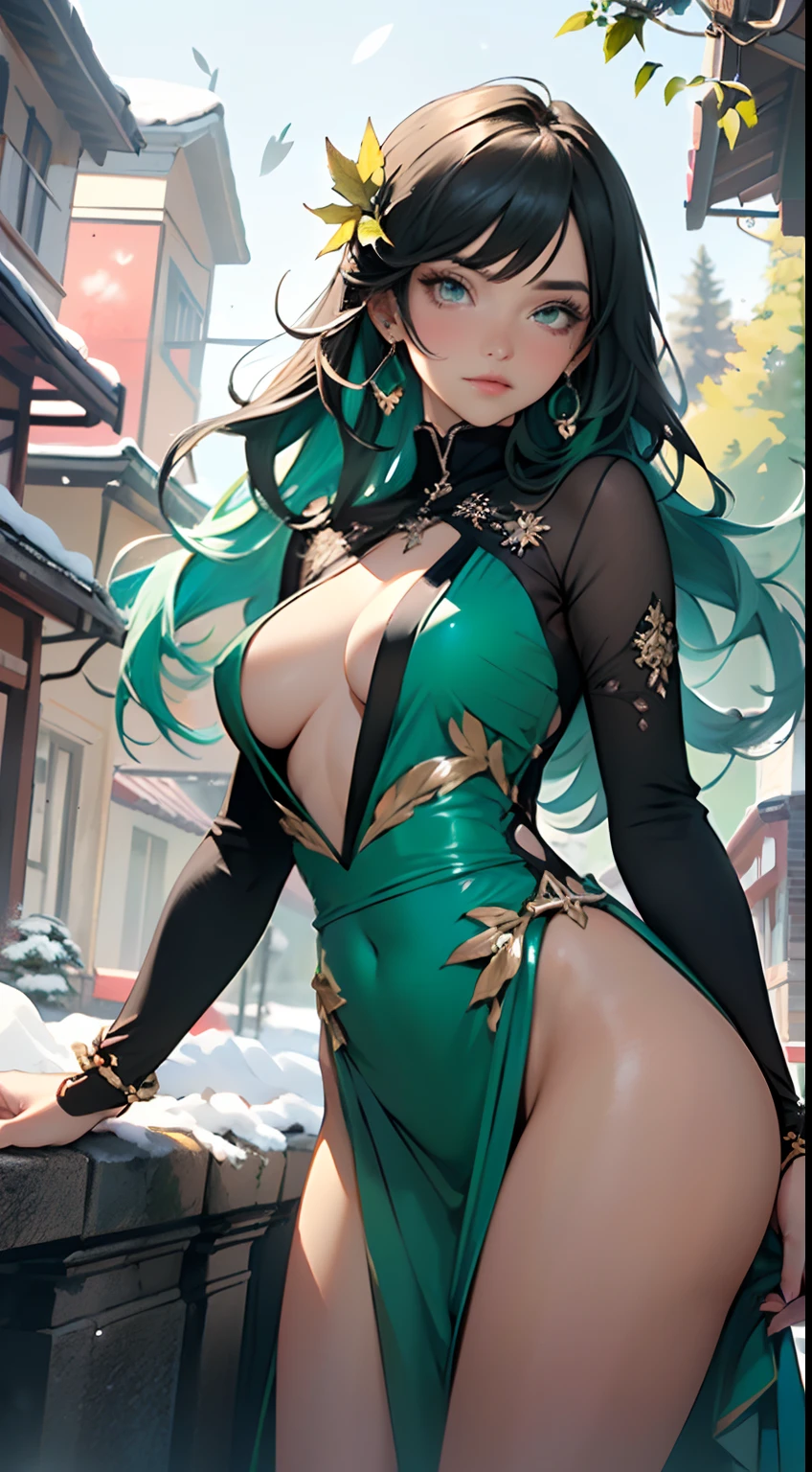 woman,1female,((milf,mom,mature,mature woman,45 years old female,adult)),((Tree Spirit,Nymph,myth)),

(large breasts:1.5),saggy breasts,(((green hair:1.4,straight hair,long hair:1.4,colored inner hair))),((green eyes,beautiful detailed eyes,half open eyes,bright eyes,perfect eyes,rainbow glows ultra-detailed deep yellow green eyes:1.1,gradient eyes:1,finely detailed beautiful eyes:1,symmetrical eyes:1,big highlight on eyes:1.2)),((((lustrous skin:1.5,bright skin: 1.5,skin tanned,shiny skin,very shiny skin,shiny body,Reflective skin)))),(spider lower abdomen,narrow waist,wide hip,bimbo body,inflated legs,delicate detailed fingers),((hand consists of a short thumb and four fingers,hand with just five fingers,(detailed face))),

(cute,slutty,sensual,seductive look,seductive,((erotic)),opulent,sumptuous,longingly,(((nsfw)))),

(((Leaf clothes,Leaves of the head))),(((detailed leaf outfit,detailed leaf clothes,leaf jewelry))),leaf dress,leaf in the body,intricate dress,(detailed outfit,detailed clothes,intricate outfit),

(dynamic pose:1.0),solo focus,embarrassed,centered,scale to fit dimensions,Rule of thirds,

twilight,holiday Village Background,winter,snowstorm in background,(pine forest),detailed background:1.25,snow covered,lots of snow, snow,snow forest background,(((Glowing Snowflakes,Glittering Details))),Giant trees,Branch corridor,World Tree,In the deep forest,,

(best quality),(high resolution),(sharp focus),(ultra detailed),(extremely detailed),(extremely high quality artwork),8k_wallpaper,(extremely detailed CG 8k),(very fine 8K CG),((hyper super ultra detailed perfect piece)),flawless,(((masterpiece))),illustration,vibrant colors,(intricate),High contrast,Selective lighting,Double exposure,HDR (High Dynamic Range),Post-processing,Background blur,