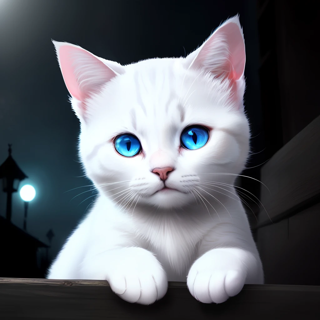 Now has a white cat,skyblue eyes,in the darkness nigth,The pupils glow with rubies,Very cute and very scary。