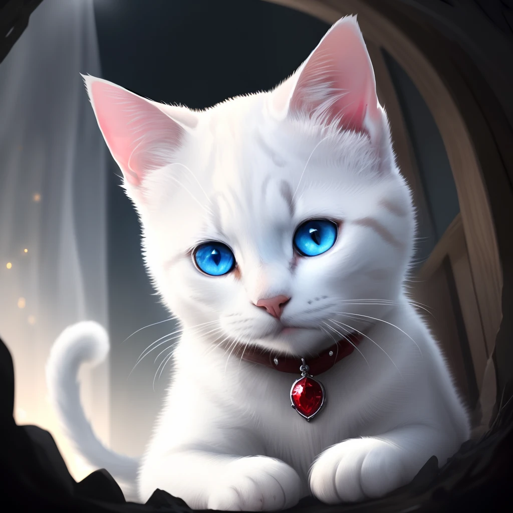 Now has a white cat,skyblue eyes,in the darkness nigth,The pupils glow with rubies,Very cute and very scary。