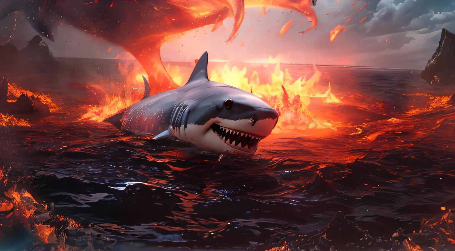 A closeup of a shark in the water with flames coming out of it, A shark, Megalodon, Directed by: Ignacio Zuloaga, Directed by: Jan Kupecky, anthropomorphic shark, Directed by: Adam Marczyński, Shark, Shark, Sharks coming out of the lake, paper awesome wallpaper, Directed by: Rodolfo Belarski, shark swimming in the lava of the ultra realistic erupting volcano with lots of detail, shark on top of erupting volcano lava