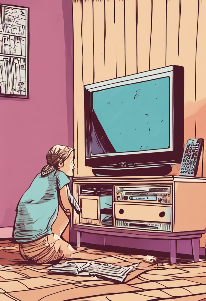 ((uma garota),(na cama),(de frente para a TV),(com o controle da TV),(with TV controller in hand),(tela da TV),(escrito "hype" na tela da TV))