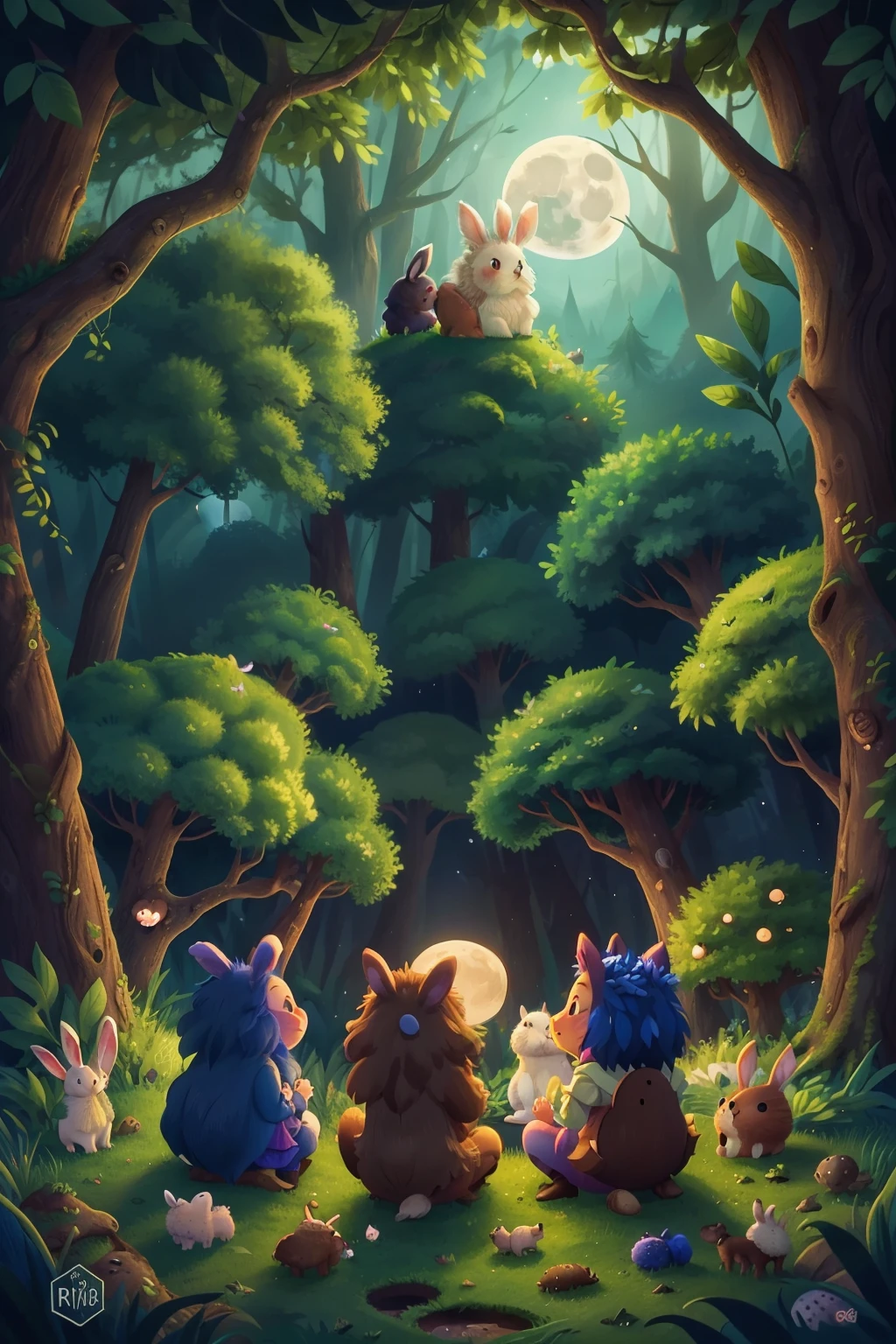 enchanted forest, the full moon rises from behind the hills, the bunnies and hedgehogs sit and watch the moon