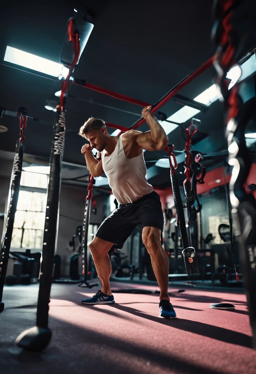 Imagine a man practicing functional exercises in a training area, com cordas, pneus e barras para desafiar seus limites