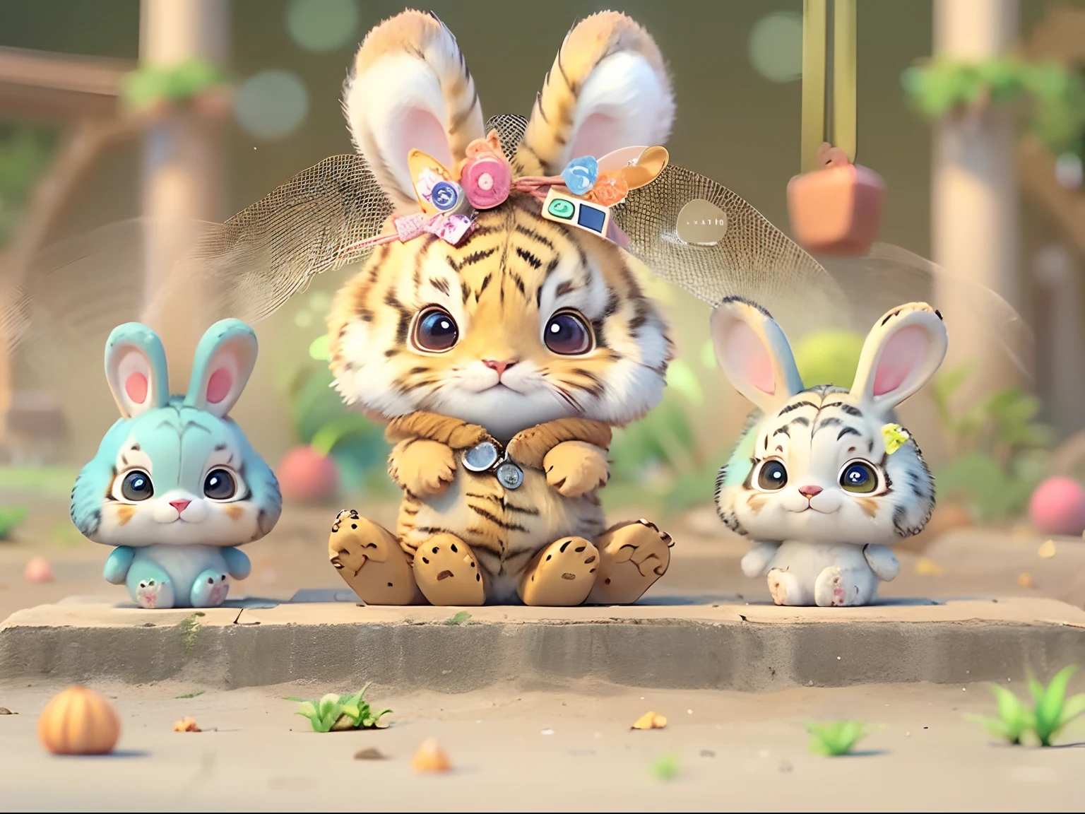 cute chibi bunny, Playground background, Rabbit, Chibi, Cute, avatar bunny, sit、Wearing tiger fur、