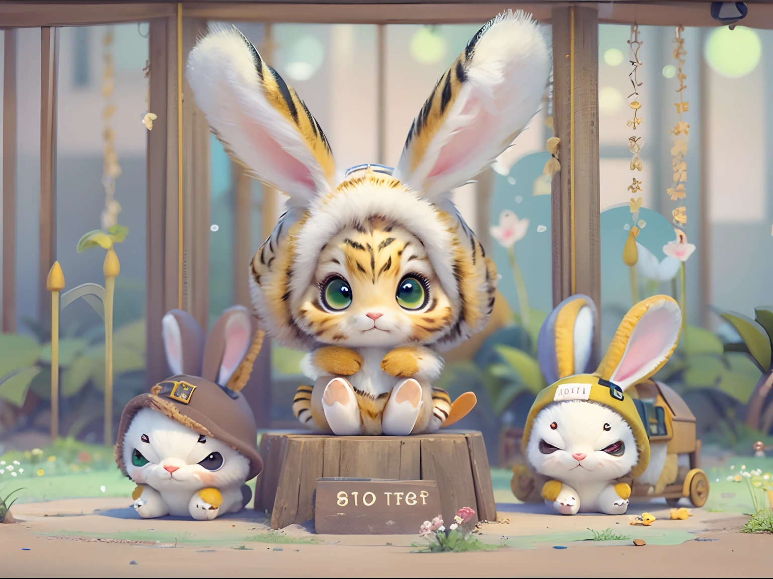cute chibi bunny, Playground background, Rabbit, Chibi, Cute, avatar bunny, sit、Wearing tiger fur、