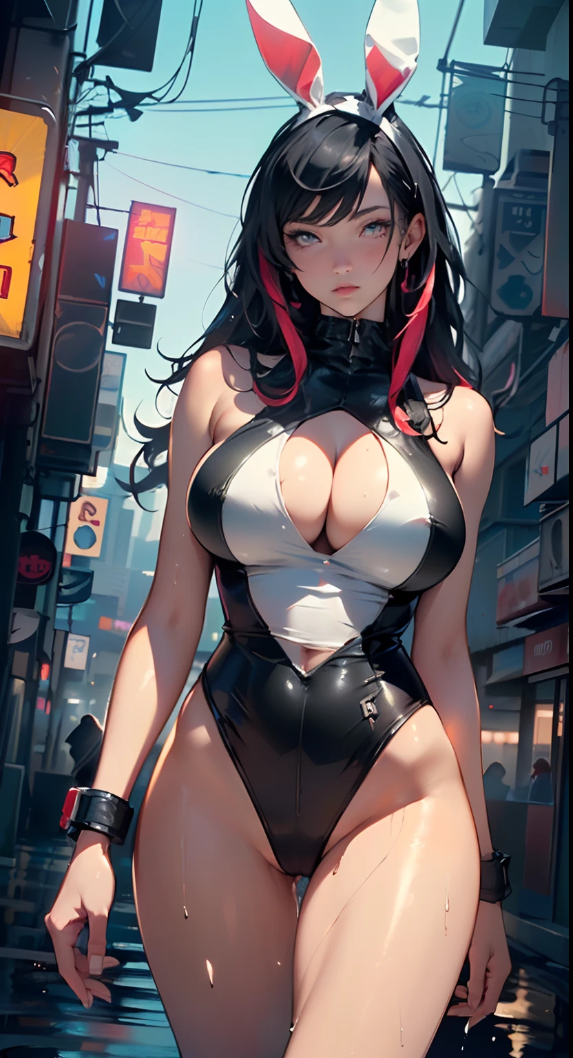 cute bunny girl,(((1girl))),((bunny girl with extremely cute and beautiful black hair)),(((bunny girl,anthro furry cute,bunny-girl))),(((bunny ears,bunny ears on head,big bunny ears))),
(large breasts:1.4),saggy breasts,((((black hair,red hair, two-tone hair),colored inner hair,ear breathing,long hair))),((heterochromia:1.5,eye1 red eye2 blue,perfect eyes,upturned eyes:1.3,beautiful detailed eyes,finely detailed beautiful eyes:1,big highlight on eyes:1.2,slanted eyes)),((fat)),(((lustrous skin:1.5,bright skin: 1.5,skin tanned,shiny skin,very shiny skin,shiny body,plastic glitter skin,exaggerated shiny skin,illuminated skin,wet legs))),(spider lower abdomen,narrow waist,wide hip,athletic body,inflated legs,delicate detailed fingers,detailed body,human hands,(detailed face)),
cute,slutty,seductive,erotic,(((nsfw))),
(((slingshot swimsuit))),(((huge cleavage))),((wet clothes,detailed outfit,detailed clothes)),
(dynamic pose:1.0),solo focus,embarrassed,(centered,scale to fit dimensions,Rule of thirds),
((((cyberpunk city by the ocean,huge buildings,neon signs,puddles)))),stormy sky,threatening sky,dark clouds,((synthwave background theme,detailed background : 1.25)),((((night,nice lighting decorations,detailed architecture)))),
(best quality,high resolution,sharp focus,ultra detailed,extremely detailed,extremely high quality artwork,(realistic,photorealistic:1.37),8k_wallpaper,(extremely detailed CG 8k),(very fine 8K CG),((hyper super ultra detailed perfect piece)),flawless,(((masterpiece))),illustration,vibrant colors,(intricate),High contrast,Selective lighting,Double exposure,HDR (High Dynamic Range),Post-processing,Background blur,colors,(intricate),High contrast,Selective lighting,Double exposure,HDR (High Dynamic Range),Post-processing,Background blur,
