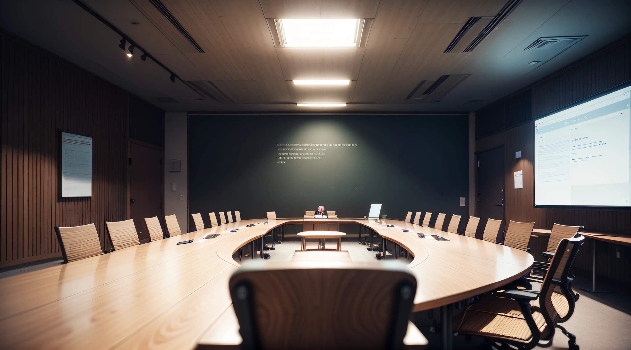 The image shows an imposing meeting room, with a large conference table in the center. The living room is spacious and bright, with dark wood paneled walls and windows that offer a panoramic view of a modern city.
In the center of the room, the conference table is surrounded by luxurious chairs. The table is made of a material that reflects light, creating a subtle glow. On the table, there are a series of electronic devices, such as laptops and tablets, which represent the technology present in the meetings.
However, the focus of the image is on the ceiling. It is arched and has a slightly undulating surface, designed to create an acoustic phenomenon. This ceiling creates the "silent echo" mentioned in the phrase.
Around the room, various figures are sitting in chairs, apparently engaged in a meeting. Their expressions vary from serious to thoughtful, indicating that they are involved in important discussions. However, the sound they produce is absorbed by the undulating ceiling, creating a sense of sound isolation.
In the corner of the room is a blackboard where someone has started to write, but the chalk suspended in mid-air is a suggestion that sound does not travel easily in space.
The image conveys the idea that in the largest meeting rooms, despite the discussions and interactions, there is a certain sound isolation. The undulating, sound-absorbing ceiling creates an environment of stillness and introspection, suggesting that even in apparently noisy spaces, there is a silent and reflective dimension that reverberates in the discussions and decisions that take place in these corporate environments.