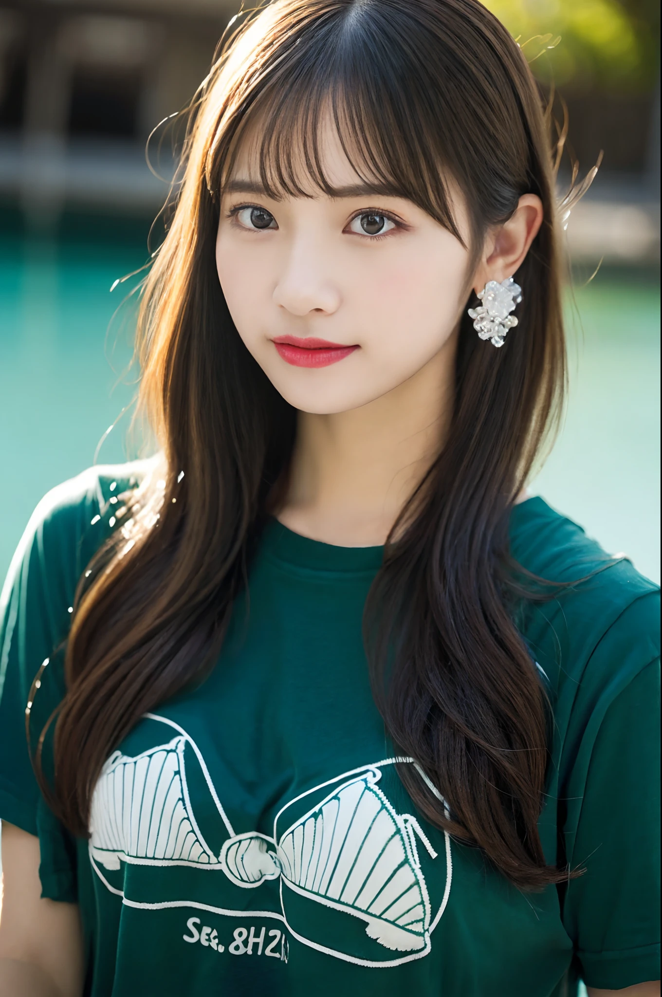 (8k, RAW photo, best quality, masterpiece:1.2), ultra detailed, ultra high res, (realistic, photo realistic:1.37), portrait, high detail RAW color photo, professional photograph, an extremely delicate and beautiful, extremely detailed, 8k wallpaper, Amazing, finely detail, huge file size, official art, extremely detailed CG unity 8k wallpaper, extremely detailed beautiful girl, extremely detailed face, extremely detailed eyes, extremely detailed skin, extremely detailed fingers, extremely detailed nose, extremely detailed mouth, perfect anatomy, highly detailed background, extremely detailed clothing, 1girl, (20 years old:1.2), cute girl, famous japanese idol, kawaii, realistic body, shiny skin, good figure, Blonde, Medium hair, (blunt bangs:1.2), smile, cute, young, cute face, realistic face, beautifully detailed eyes, drooping eyes, (t-shirts, sea:1.4),(from bloomers) (hair ornaments:1.2), face the front, standing posture, huge breasts, large breasts, a close-up shot,
