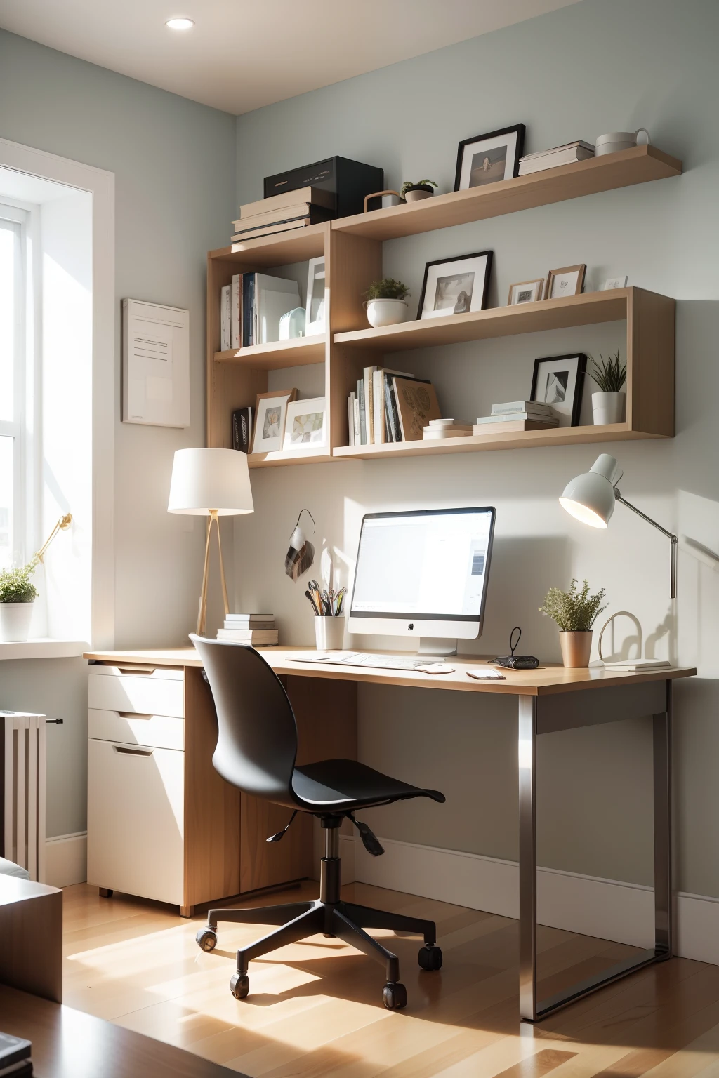 Home office with functional and charming furniture, highlighting an ergonomic table, a comfortable chair and well-organized shelves. ambiente claro, moderno e elegante. luz natural. cores neutras com algum toque de cor mais vibrante. modern luminaire.