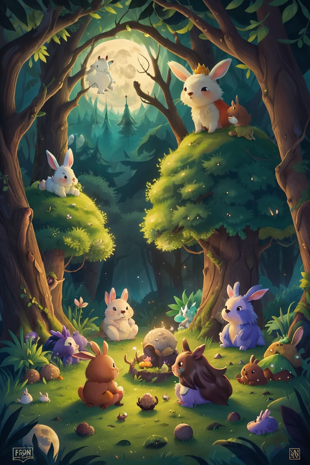 enchanted forest, the full moon rises from behind the hills, the bunnies and hedgehogs sit and watch the moon