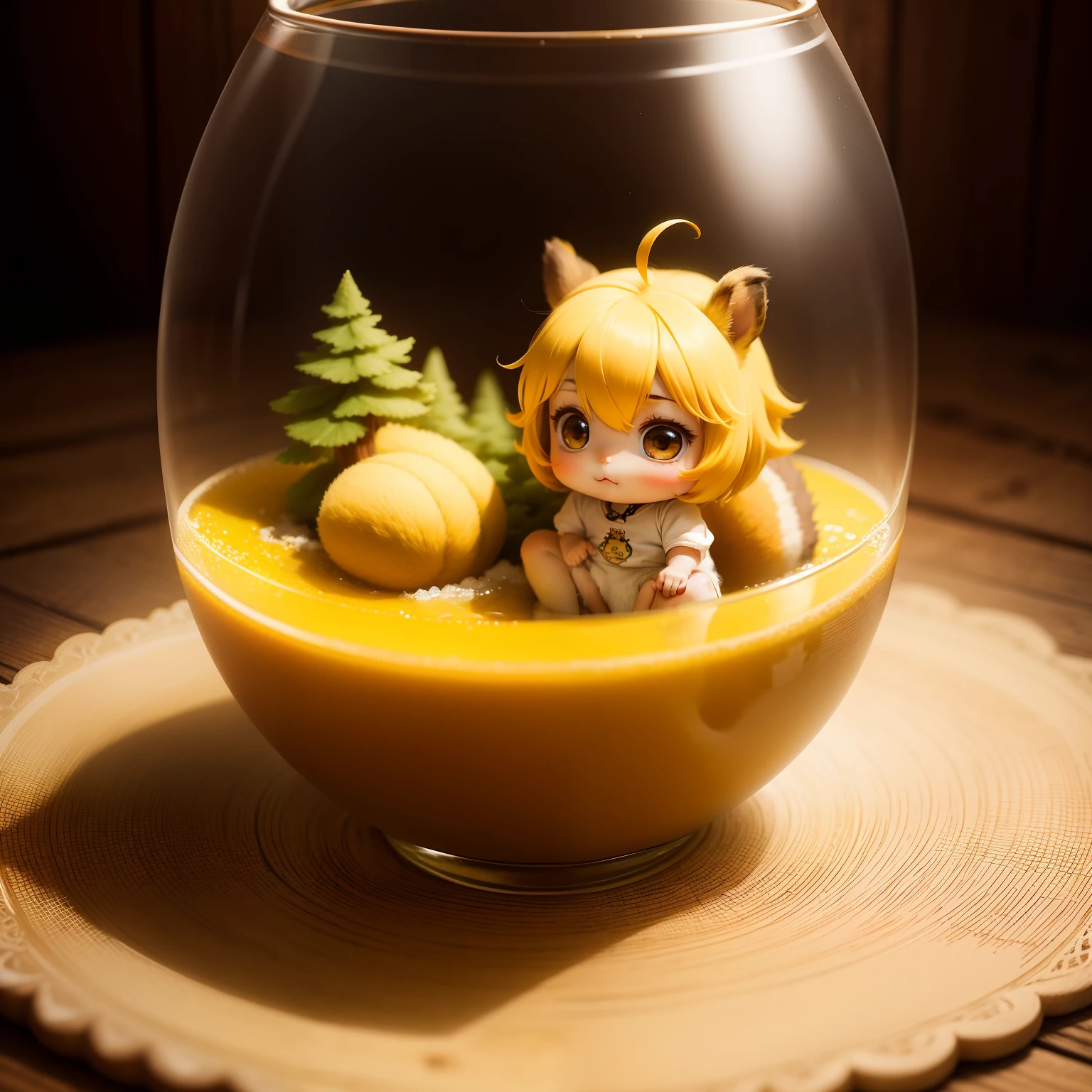 Cute Baby Chibi Anime,Cute squirrel,Yellow hair,Sit in a glass bowl,Fairytale Forest