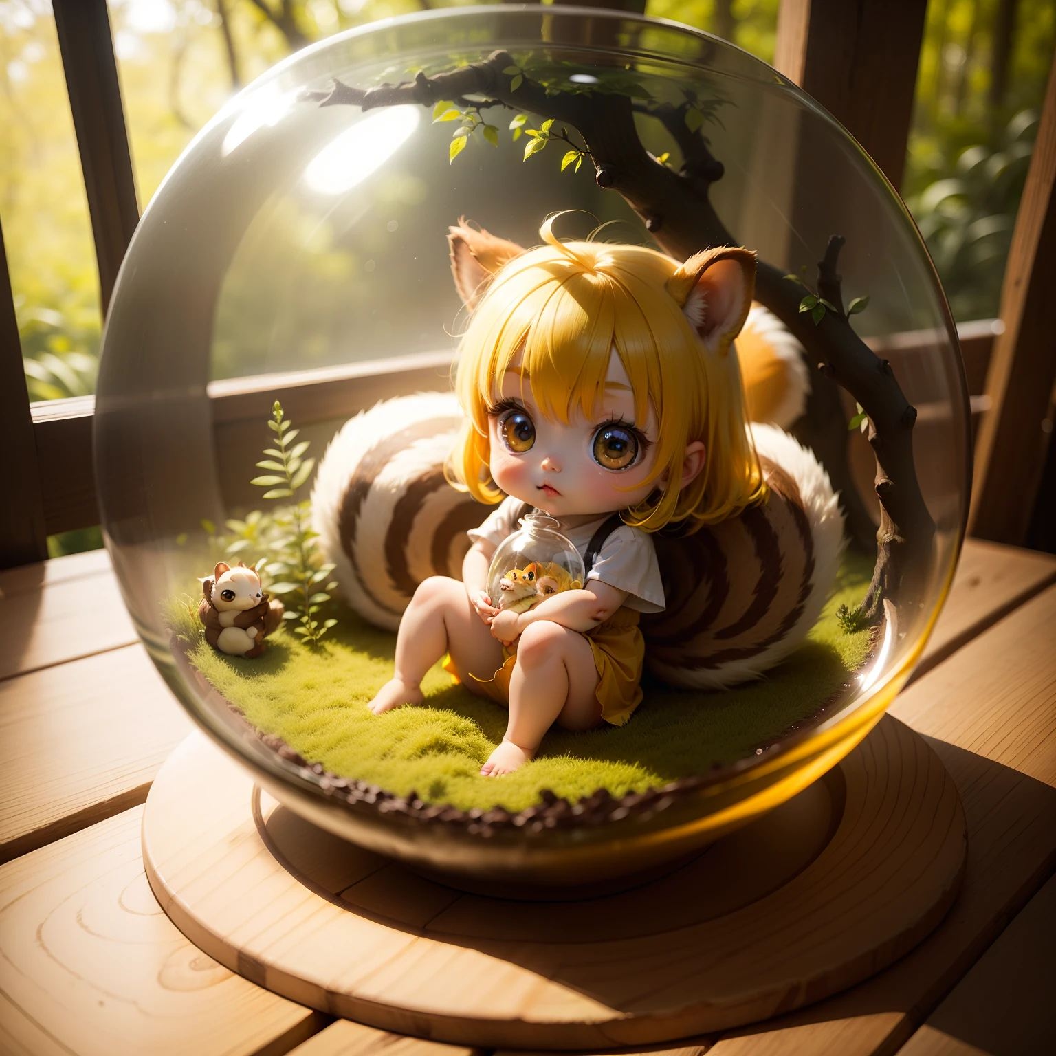 Cute Baby Chibi Anime,Cute squirrel,Yellow hair,Sit in a glass bowl,Fairytale Forest