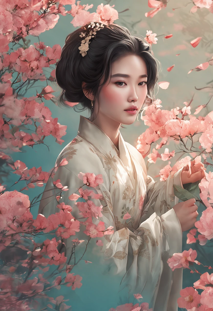 Korean woman gentle cute flowers bouquet soft serene round eyes East Asian woman Chinese woman, hair over shoulder, mole under eye, hollow eyes, longeyelashes, first-person view