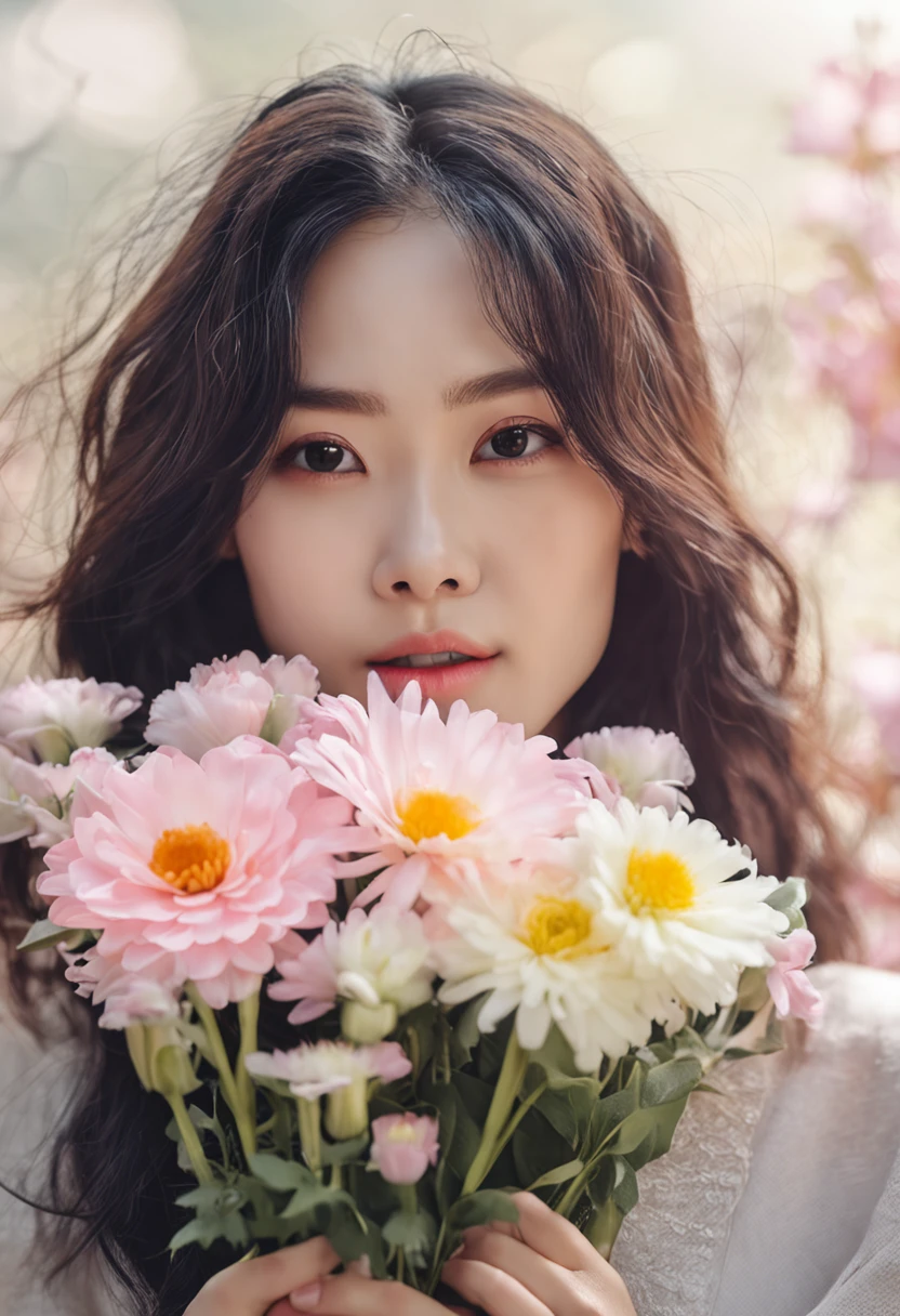 Korean woman gentle cute flowers bouquet soft serene round eyes East Asian woman Chinese woman, hair over shoulder, mole under eye, hollow eyes, longeyelashes, first-person view