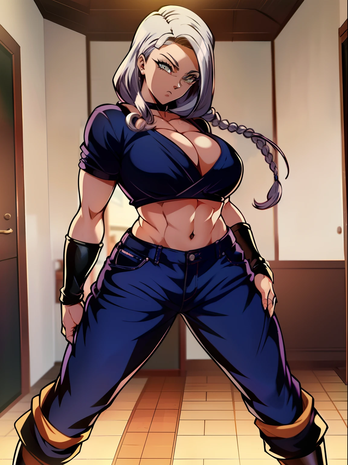 Cabelo rabo de cavalo, cabelo platinado, mascara preta, no rosto, munhequeira, preta cropped, Goku's pants, botas estilizadas do goku, foco feminino, musculosa, rosto bonito, ((obra-prima))