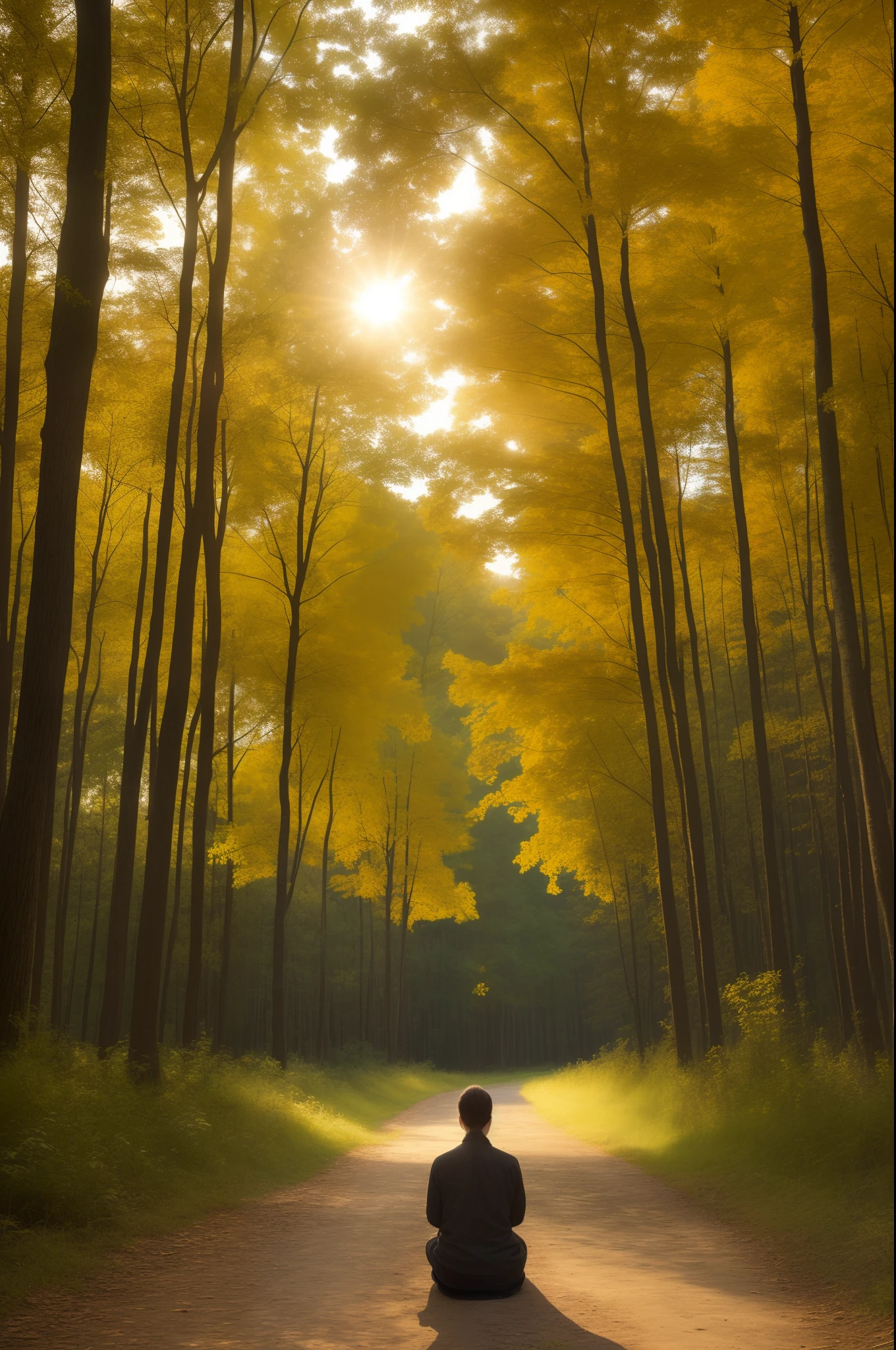 meditation ((Masterpiece,Best Quality,The ultra-detailliert,The ultra-Highres,detailed background)),sunrise,woods,impressive,chill,inspirational,femele,Facing away,meditating --auto
