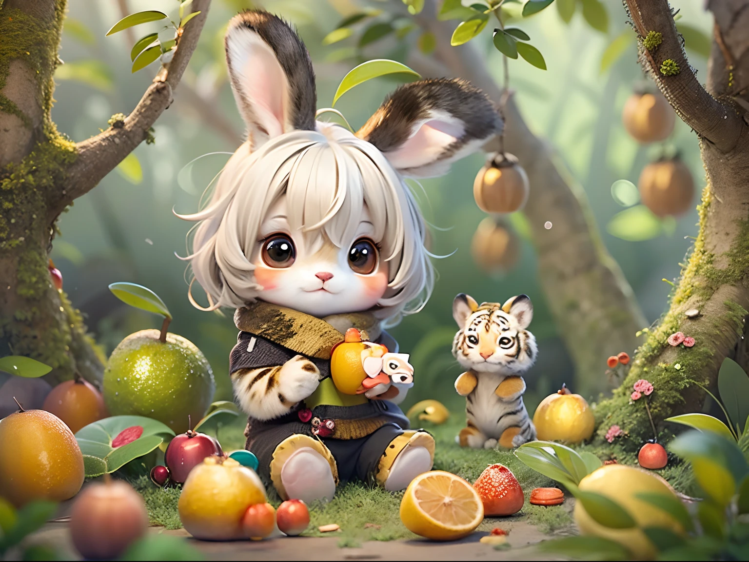 cute chibi bunny, forested background, a lot of fruits, Chibi, Cute, avatar bunny, sit、Wearing tiger fur、Background bokeh、