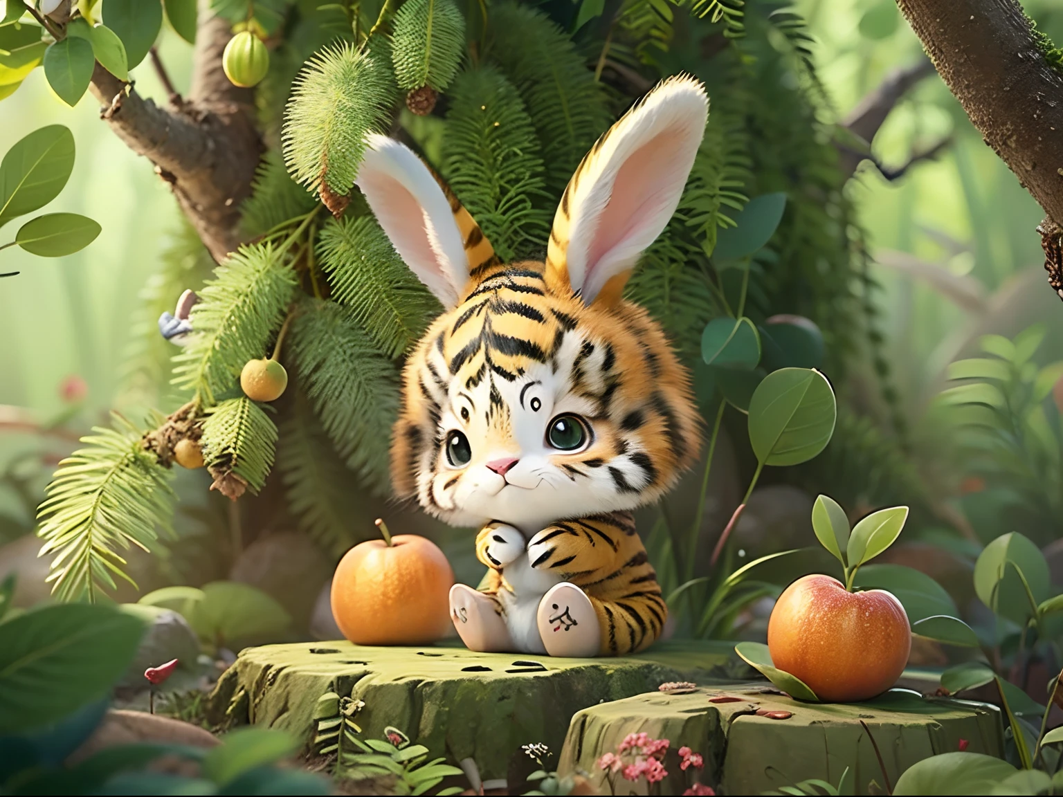cute chibi bunny, forested background, a lot of fruits, Chibi, Cute, avatar bunny, sit、Wearing tiger fur、Background bokeh、
