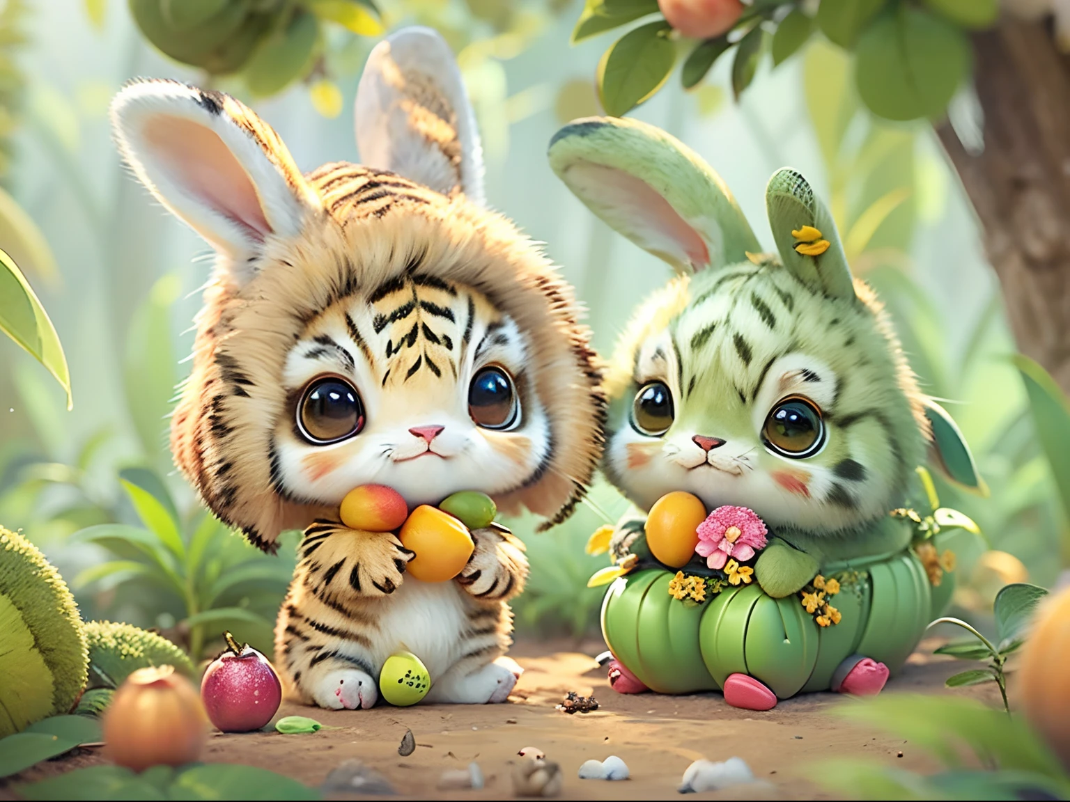 cute chibi bunny, forested background, a lot of fruits, Chibi, Cute, avatar bunny, sit、Wearing tiger fur、Background bokeh、