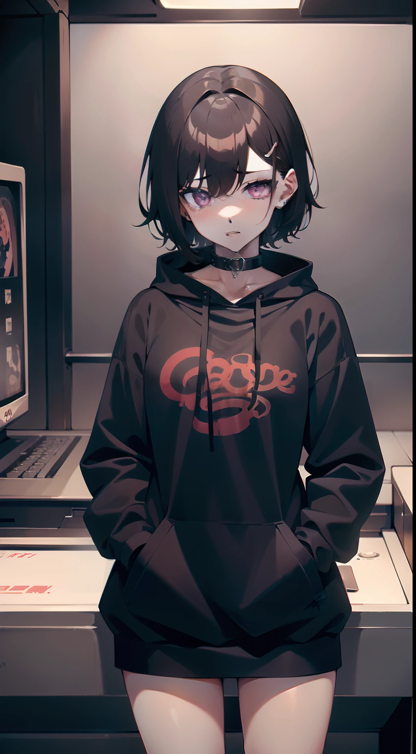 At the amusement arcade, game console, game machine, 
girl, short bob black hair, , black Hoodie with pockets, plaid miniskirt, purple collar, black face mask, piercing, 
small breasts, slender, standing , naughty, 
zettai ryouiki, absurd resolution, absurd detailed, best quality,(((Erotica atmosphere))),standing back, (((Vulgar guy and girl SEX)))