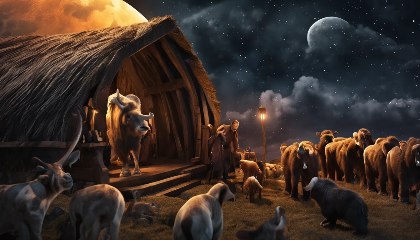 closeup on Noah next to the ark, Dark sky and many animals around the ark, ultrarrealista |